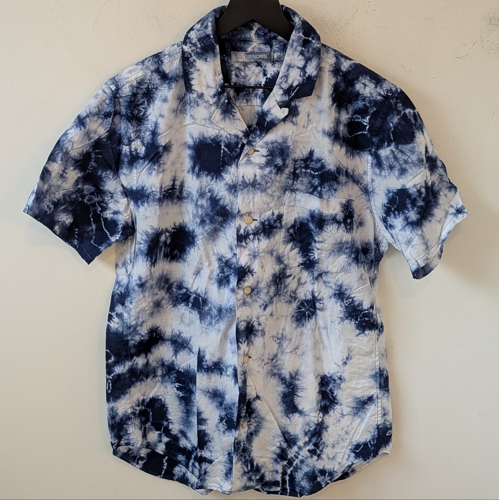 Outerknown BBQ Lapis Tie Dye Short Sleeve Organic Cotton Button Up Shirt Medium